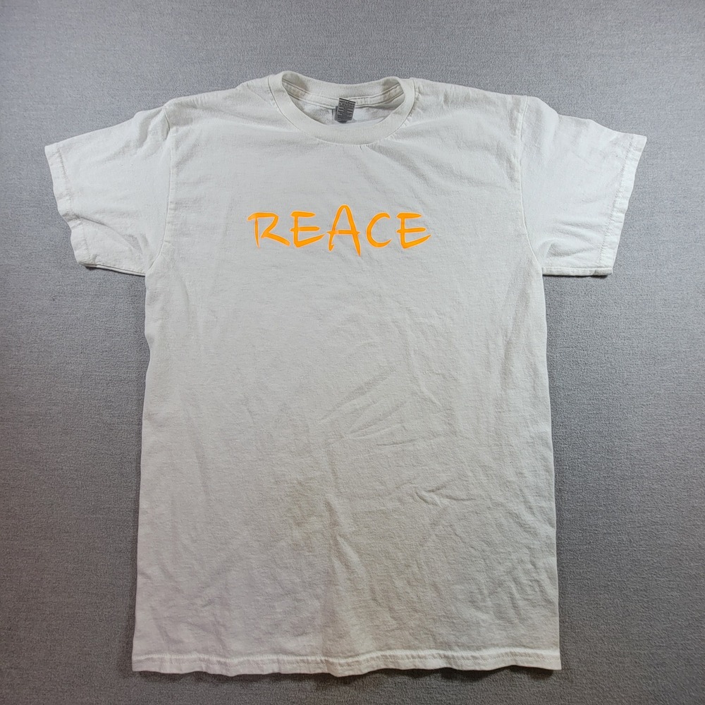 T-Shirt Medium White Excellent REACE Graphic Orange Text Cotton Tee